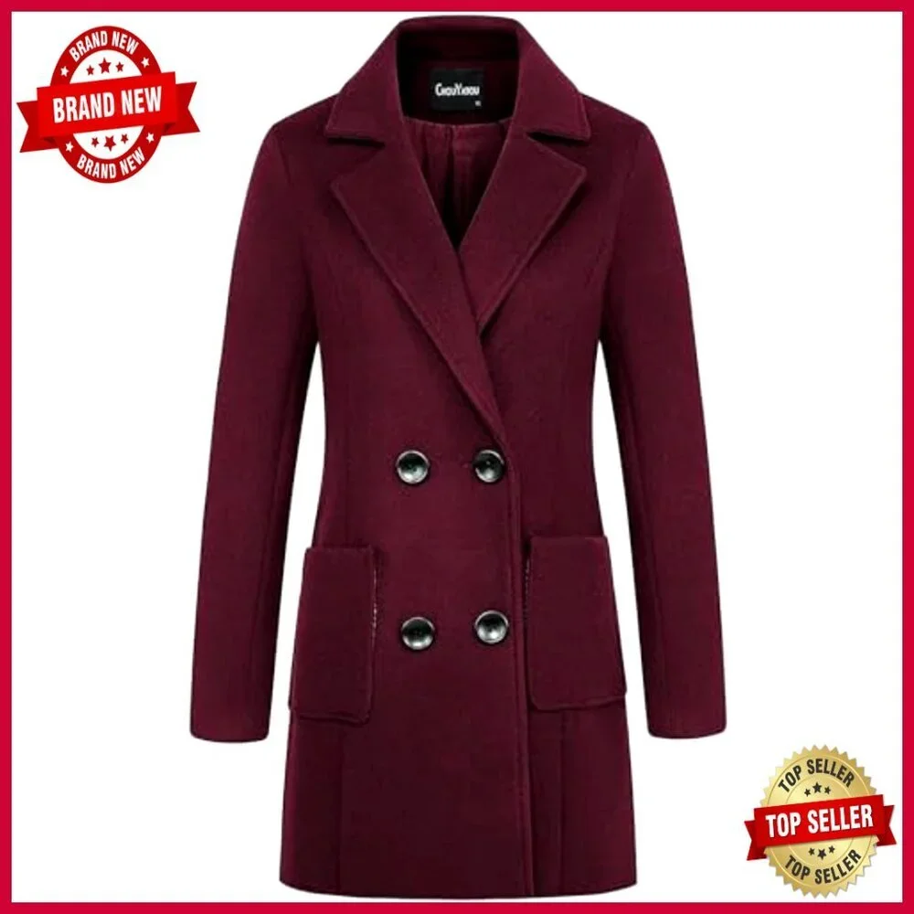 Wool Blend Double Breasted Notch Collar Overcoat Knee Length Slim Fit - Picture 2 of 3